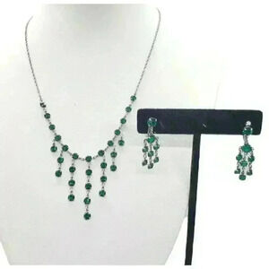 Vintage Sterling Silver Necklace Earrings Set Green Rhinestone Statement Bib